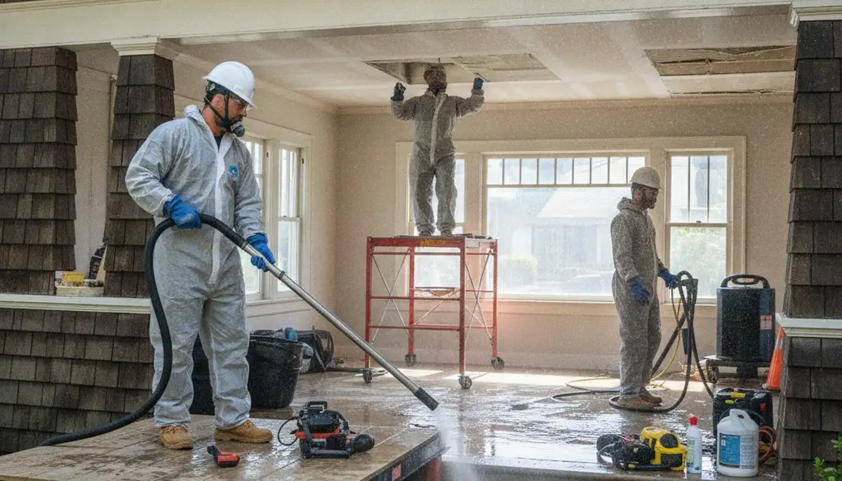 Water damage restoration crew in Berkeley, CA inspecting flood damage and drying a home